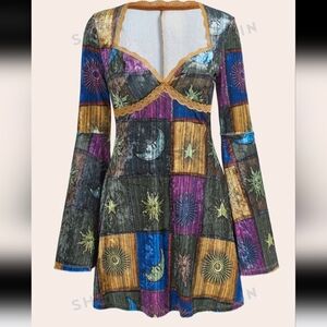 Grunge Sun & Moon Print Contrast Lace Flounce Sleeve Dress